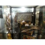 Selection of figures depicting semi clad females and silver plated plaque of a ship and a vanity mir