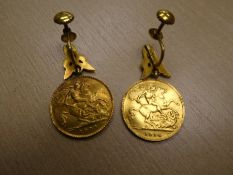 Pair of yellow metal earrings each hung with a half Sovereign, 1909 and 1914, gross weight 11.6g
