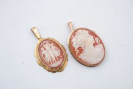 2 x vintage 9ct Gold frame shell cameo brooches 7g