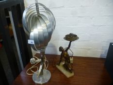 A 1960s metal table lamp and a 1930s bronze style figural lamp, no shade