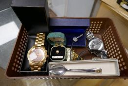Box of various gents wristwatches, pair cufflinks, tie tack etc