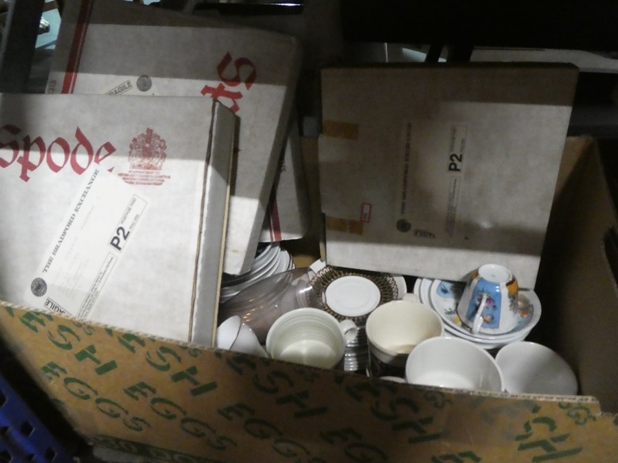 Spode boxed collectors plates, china animals and figures, teaware etc and a box of mixed china to in