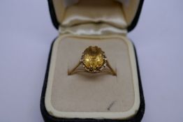 9ct yellow gold dress ring set with a large citrine, size N, approx 2.2g