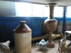 Two large brass vases, a stoneware jug and a teapot