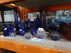 Selection of blue glass ware items, paperweights, etc some being by Selkirk glass