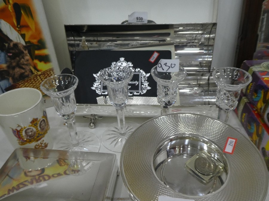 A selection of silver plated boxes containers, bowl, etc, including cut glass candlesticks, etc