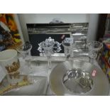 A selection of silver plated boxes containers, bowl, etc, including cut glass candlesticks, etc