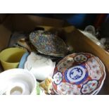 Box of mixed china including oriental plates, etc and a selection of vintage mirrors