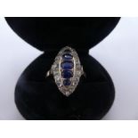 Unmarked Art Deco Marquise design Sapphire and diamond, ladies ring, with 5 central graduated light