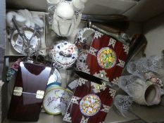 A box of mixed vintage glass and china including a buddha and some boxes