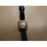 Vintage 18ct yellow gold cocktail wristwatch, jaeger lecoultre, case marked 750, on a black leather