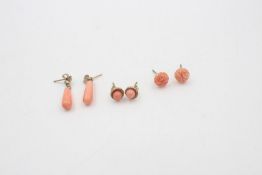 3 x 9ct Gold coral earrings inc. drops, studs 2.1g