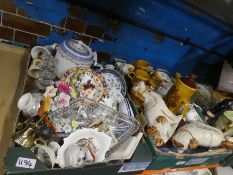 Three boxes of china, glass and sundries to include Royal Worcester, Staffordshire dogs, tea ware an