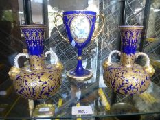 Pair of antique Derby vases having blue and gilt decoration, 1 AF and a Mintons goblet AF