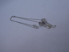 vintage 9ct white gold bow motif diamond & amethyst static pendant necklace 3.9g