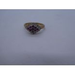 vintage 9ct gold ruby 7 diamond cluster ring 2.8g