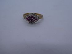 vintage 9ct gold ruby 7 diamond cluster ring 2.8g