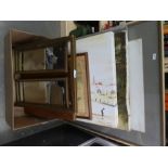 A box of mixed pictures and prints of various subjects and a framed gold mirror