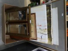 A box of mixed pictures and prints of various subjects and a framed gold mirror