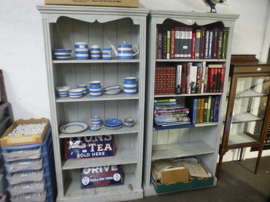 A Pair of painted open bookcases, height 169cm