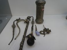 A selection of possibly Chinese white metal pipes and other artefacts, with possibly Indian white me