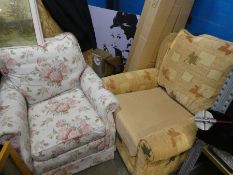 Two armchairs, one floral and the other beige with leaves