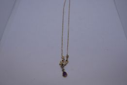Pretty 9ct yellow gold figaro necklace with integrated amethyst pendant, marked 375, 3.3g