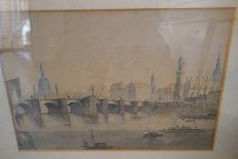 A watercolour of continental river scene with bridge ad buildings probably late 19th Century unsigne