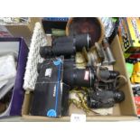 Box of collectables including binoculars, silver clock, Casio watch etc