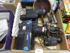 Box of collectables including binoculars, silver clock, Casio watch etc