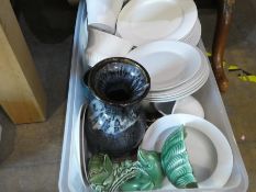Three crates of china, glass and sundries to include plates, vases, glassware, ornaments