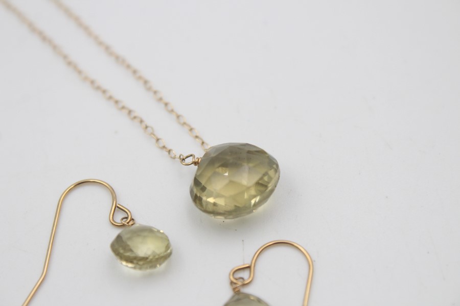 14ct gold faceted quartz pendant necklace & earring set 3.6g - Image 4 of 5