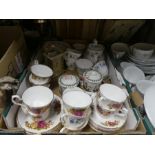 A box of china ware, to include Staffordshire, Portmeirion and Colclough, and a brass carriage clock