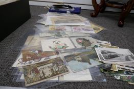 A quantity of old post cards, a flag and sundry items