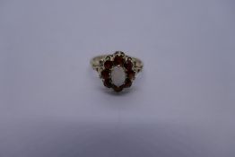9ct yellow gold opal ring surrounded by garnets, size,M, 2.4g marked 375