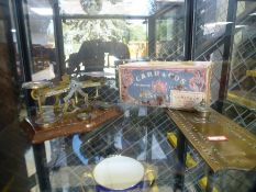 A brass cribbage board and a set postal scales