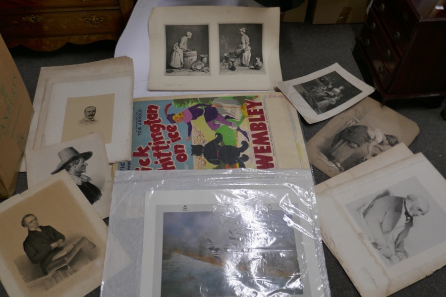 A folder of unframed prints and similar