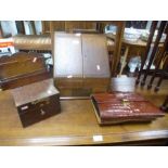 Old oak sloping stationery cabinet, a crocodile leather attache case and sundry