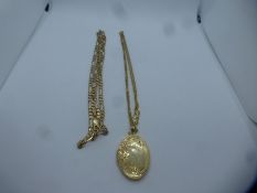 9ct yellow gold oval floral embossed locket, hung 9ct rose twist necklace and 9ct yellow gold figaro