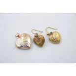 2 x 9ct Gold heart jewellery inc. earrings, locket 2.6g