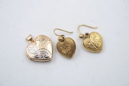 2 x 9ct Gold heart jewellery inc. earrings, locket 2.6g