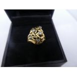 Unusual geometric design 18ct yellow gold ring with 5 diamonds incorporated in the design, marked 18