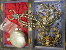 Wooden box containing Middle Eastern white metal jewellery and other costume jewellery