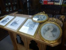 Three pictures of London signed M S Tabbener and 2 oval classical style prints