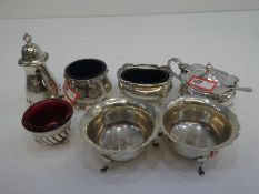 A selection of silver salts hallmarked, some with Bristol Blue and ruby red glass insert and includi