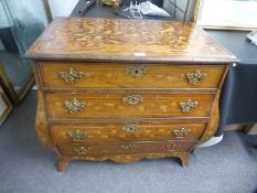 An antique Dutch marquetry chest of Bombe shape with 4 long drawers, 82cm