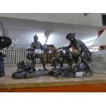 2 Spelter figures depicting soldiers and a sandal clad model of a foot AF