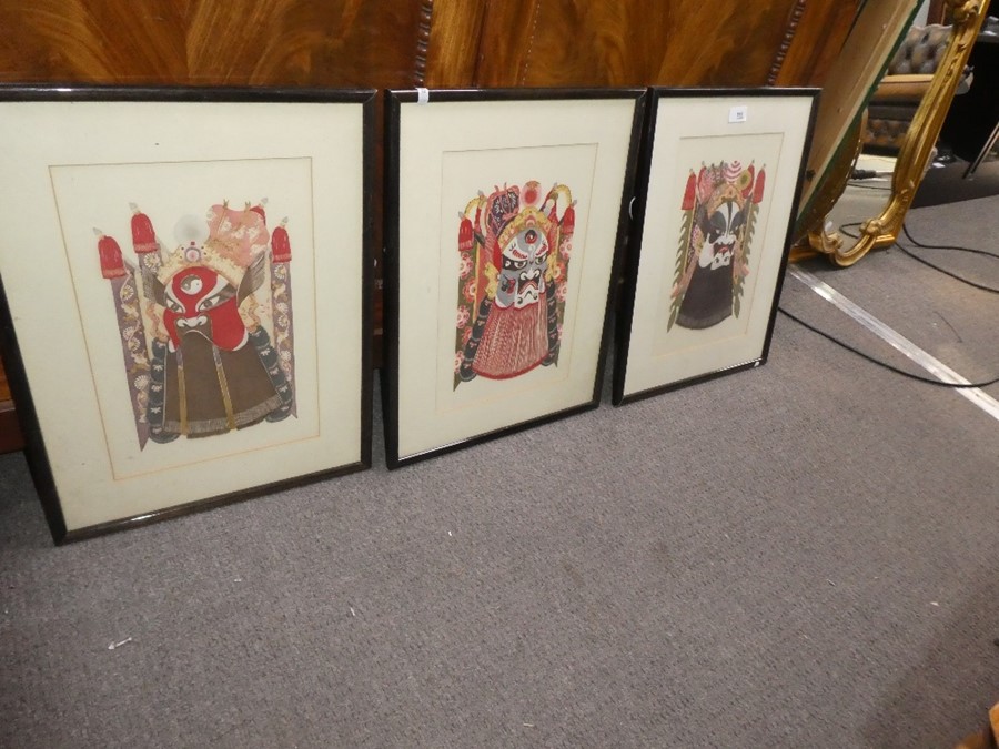 Three oriental paper pictures, of mask, probably Chinese