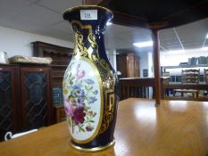 Antique French blue and gilt vase having hand painted panel of flowers