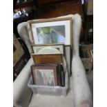 Selection of various glazed and framed pictures and prints including street and river